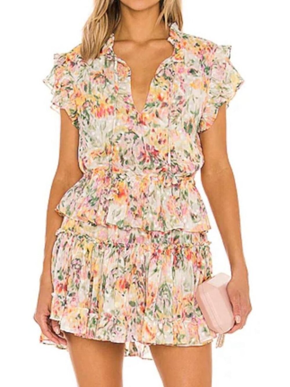 MISA Los Angeles Multicolor Floral Ruffle Tie-Front Mini Dress